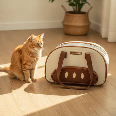 Sacoche pour chat en toile beige avec bandoulière — photo 2