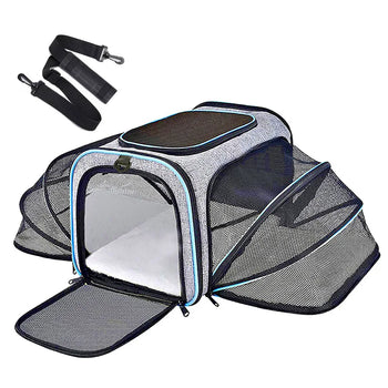 Caisse pour transport de chat extensible gris liseré bleu, deux côtés dépliés, avec sa bandoulière