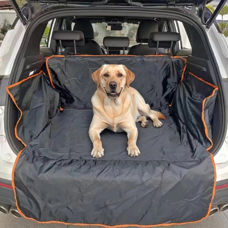 Protection coffre chien — labrador couché sur la housse, rabats et tablier en place